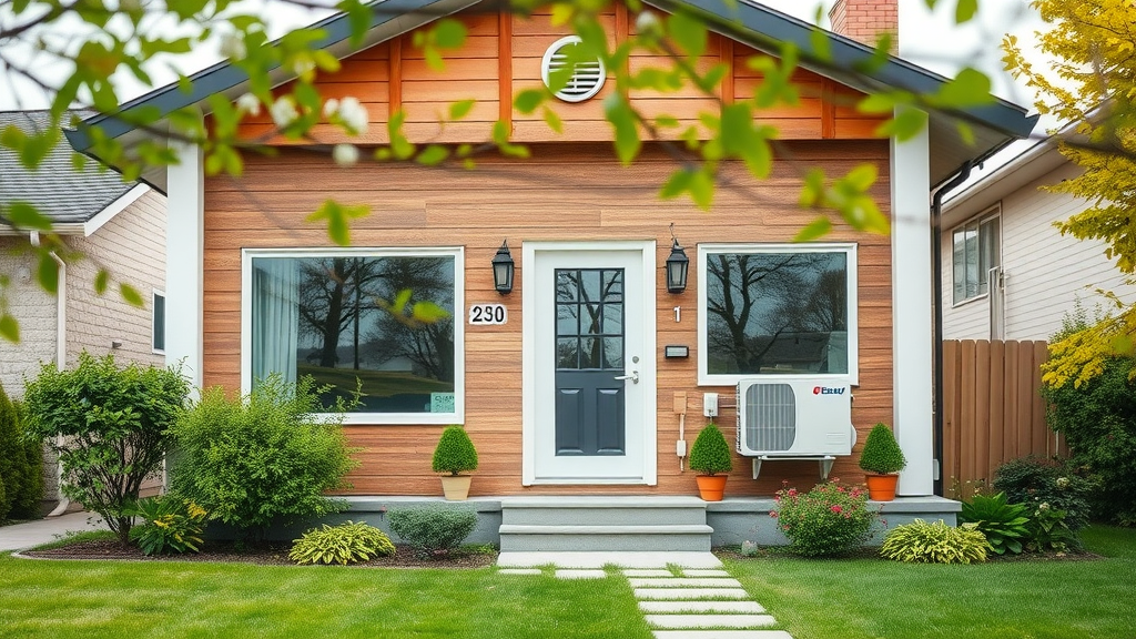 modern eco-friendly home exterior with solar panels and heat pump units - green heating systems