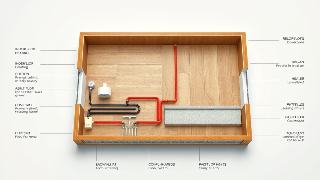 heating system cross section technical diagram with underfloor heating pipes and Chesterfield house floor materials