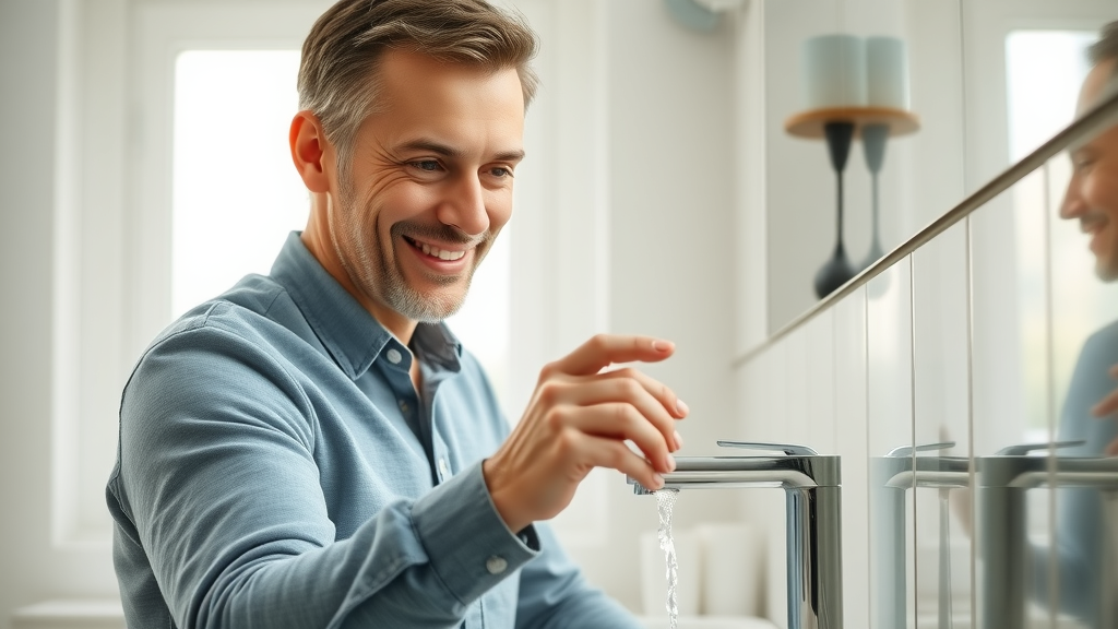 Homeowner inspects modern water-saving plumbing fixtures with no tap drip—water conservation in plumbing