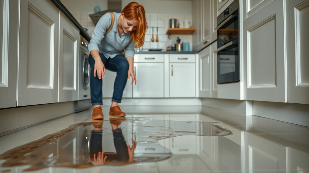 alarming residential water leak in Chesterfield modern kitchen, urgent plumbing repair chesterfield