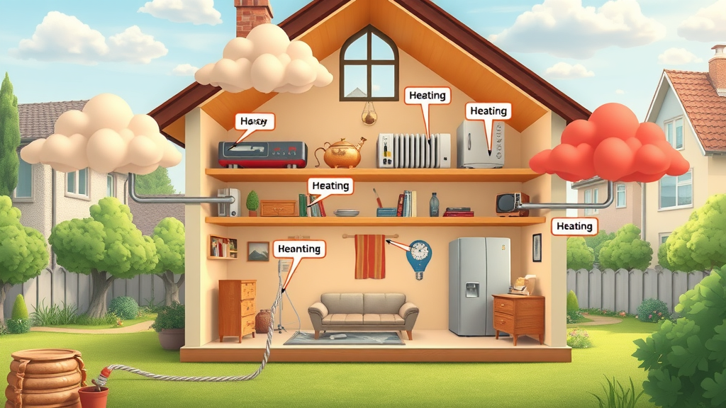 Cutaway illustration of UK house showing different heating technologies and their contrasting carbon emissions