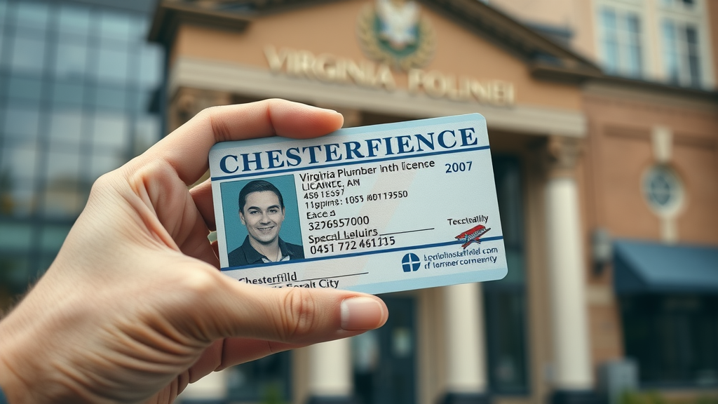 Official Virginia plumber license card held by certified Chesterfield plumber with city government building background