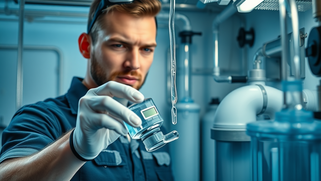 commercial plumber testing advanced water filtration system for Chesterfield business, clean water pipes and filters, visible flow—water quality