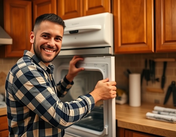 clean appliance installation, professional smiling, tightening screws, photorealistic, cozy kitchen background with wooden cabinets, highly detailed, scattered tools and packaging, 8K resolution, warm colors, soft ambient lighting, shot with a 35mm prime lens