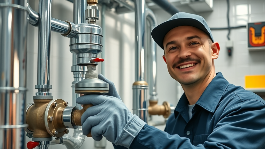 Technician maintaining modern boiler for efficient plumbing and heating services