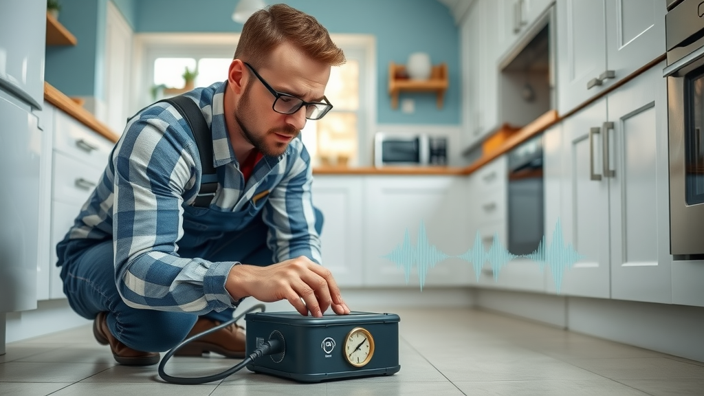 expert plumber operating acoustic leak detection equipment for water leak detection in Chesterfield