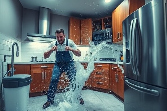 urgent plumbing emergency, water gushing from a burst pipe, plumber rushing to contain it, photorealistic, inside a modern kitchen with stainless steel appliances, highly detailed, water spraying everywhere, high shutter speed capture, bright colors, strong backlight, shot with a 24mm lens