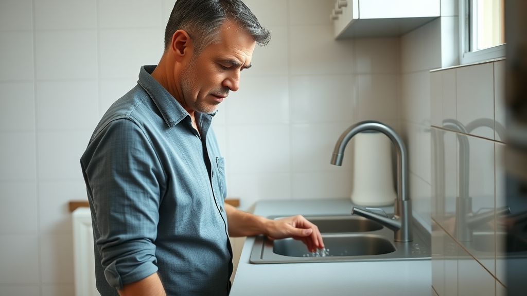 Worried homeowner inspecting emergency drain cleaning chesterfield problem in modern kitchen, water backing up from sink, high fidelity