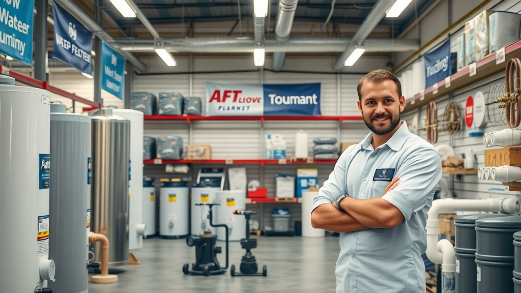 industrial plumbing showroom chesterfield displaying water heaters and softeners