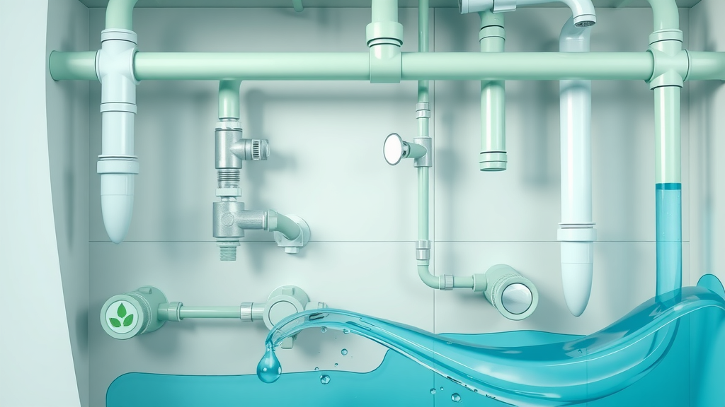 Modern plumbing components with eco-friendly icons and water-saving devices