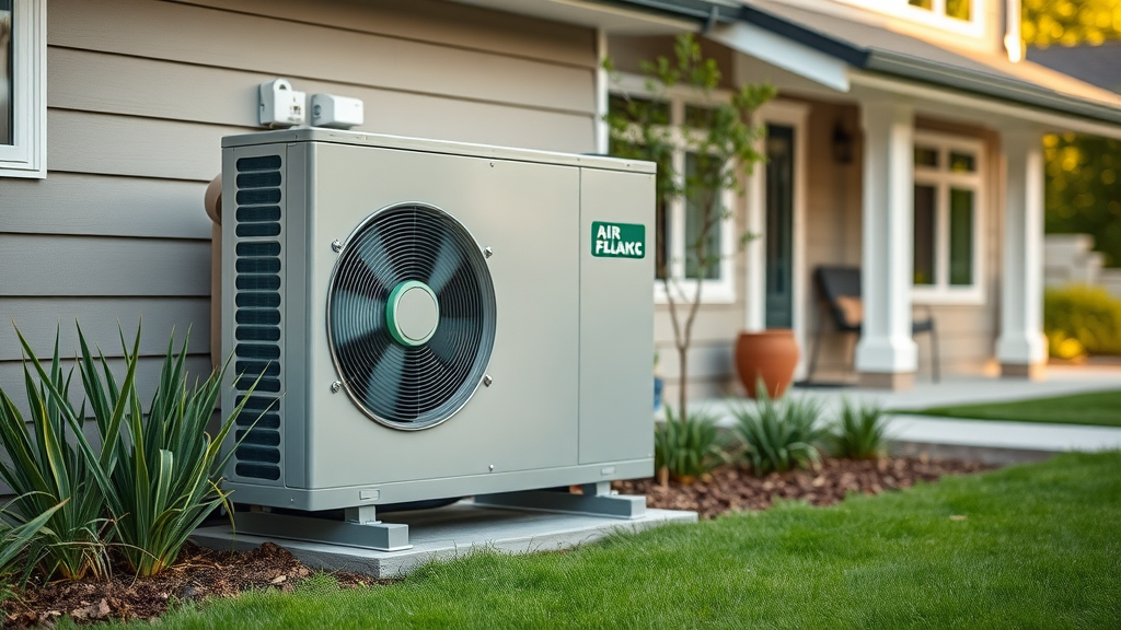 Modern air source heat pump outside home, example of energy-efficient heating systems