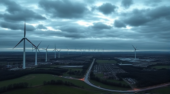 systems Chesterfield, eco-conscious, transitioning to renewables, photorealistic, panoramic view of Chesterfield with wind turbines and bioenergy plants, highly detailed, turbulent skies enhancing the mood, neutral hues, twilight lighting, shot with a Sigma 35mm f/1.4 DG HSM Art lens.