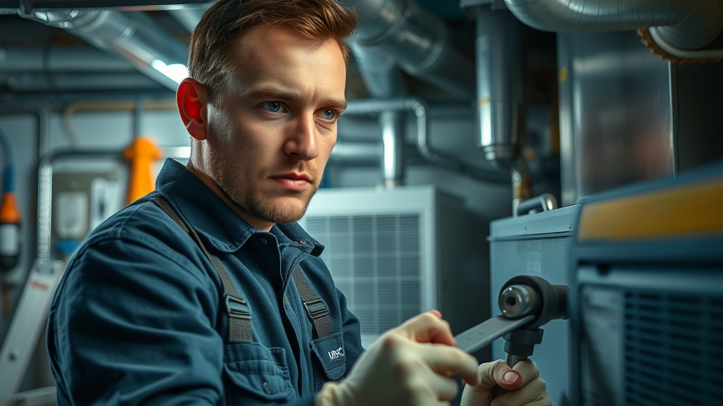HVAC technician providing heating repair Chesterfield in organized basement, furnace service and HVAC tools visible