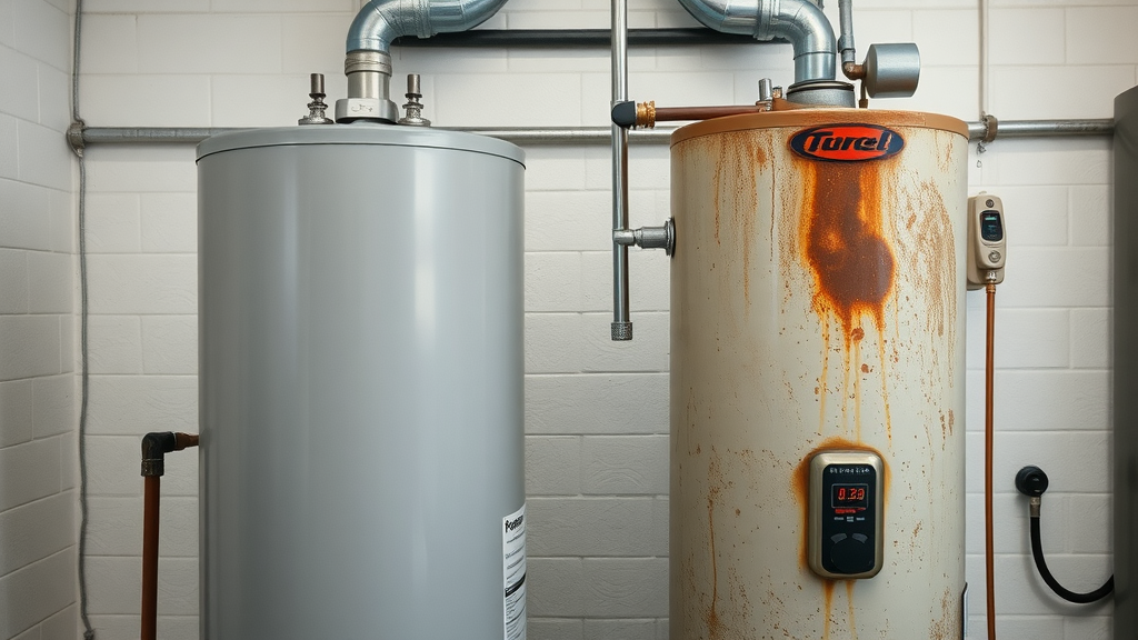 Modern vs. old water heater comparison - new and rusty tank units side-by-side, photorealistic, metallic colors, mineral buildup and corrosion details.