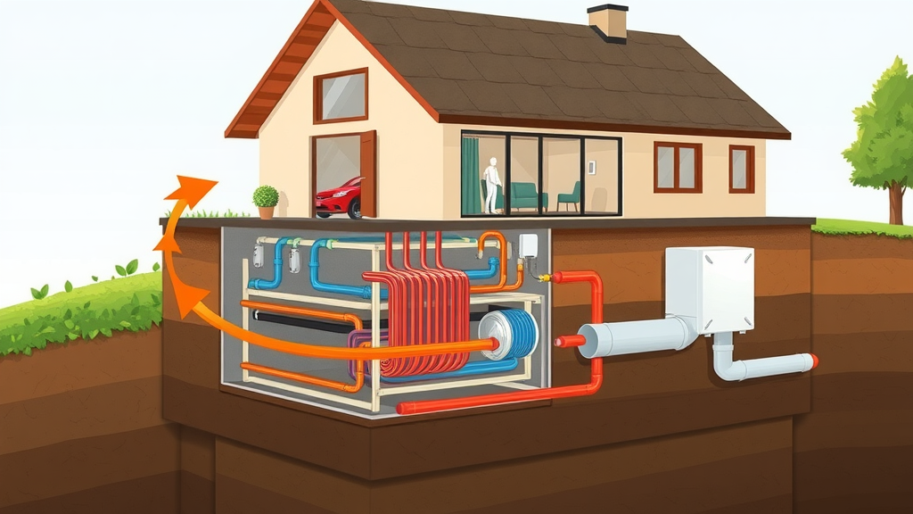 Cross-section view of ground source heat pump system for maximum energy efficiency in homes