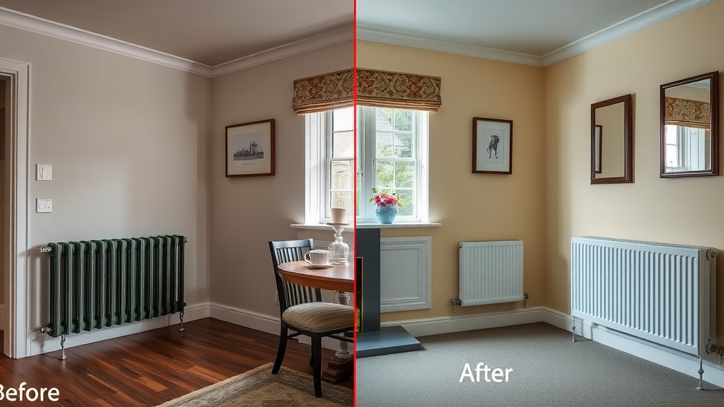 Radiator installation chesterfield before and after comparison: old radiators vs modern, vibrant residential transformation
