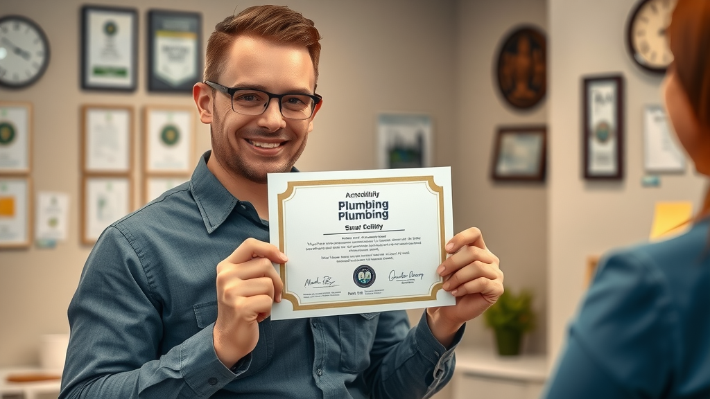 Chesterfield plumber showing accreditation certificate to customer in professional setting