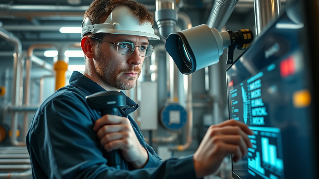 Expert plumber using CCTV pipe inspection camera inside modern business facility in Chesterfield