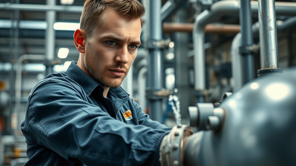 industrial plumber Chesterfield repairing large commercial water pipe in factory with metal pipes and machinery