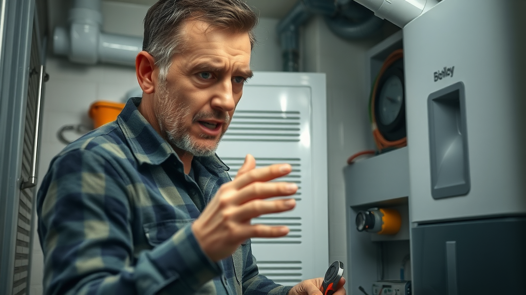 anxious homeowner examining broken boiler - boiler breakdown emergency