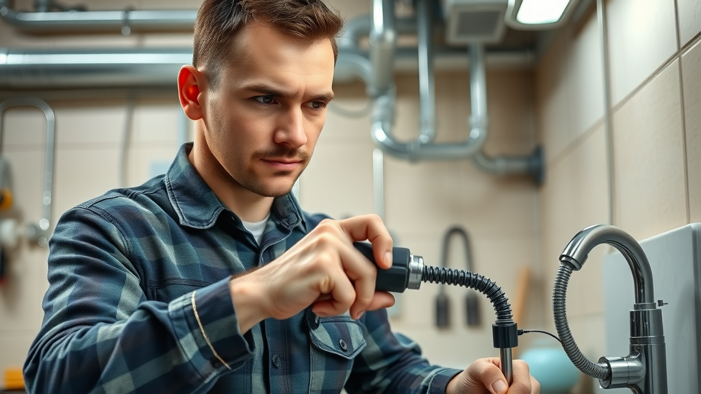 professional using drain auger for drain cleaning on kitchen sink