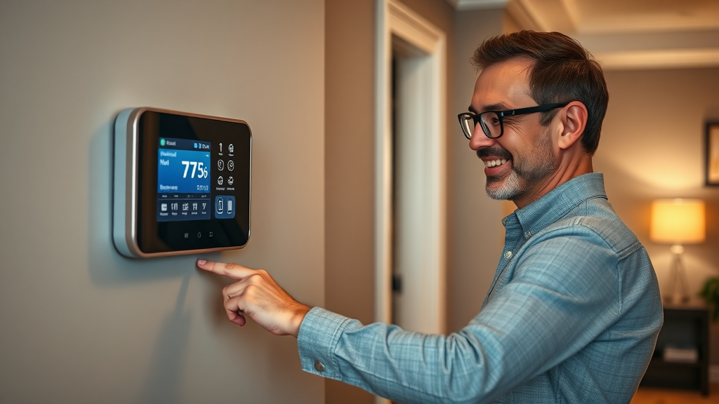 sleek digital thermostat for electric underfloor heating Chesterfield, homeowner adjusting controls on wall