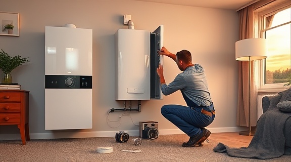 Modern boiler installation Chesterfield, confident, professionals fixing unit, photorealistic, contemporary home with carpeting, highly detailed, dust particles, vibrant colors, natural evening light, shot with a 35mm lens.
