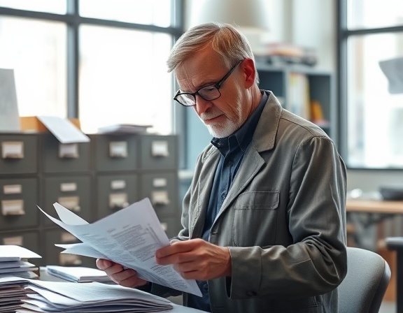 seasoned gas inspector, careful expression, checking gas compliance forms, photorealistic, office setting with filing cabinets and ledgers, highly detailed, papers fluttering, f/2.0 aperture, diffused lighting from large windows, shot with an 85mm lens.
