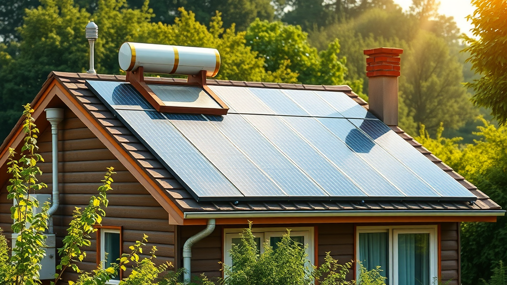 Eco-friendly house exterior with rooftop solar water heating panels, sustainable plumbing, energy efficiency