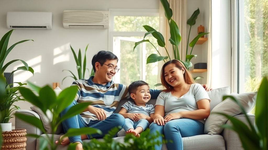 Happy family relaxed in comfortable smart eco-friendly living room with sustainable HVAC innovations