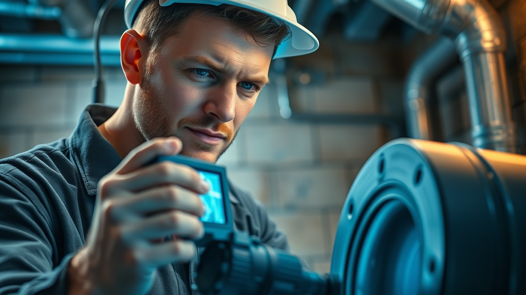 Plumber using camera inspection tool for drain cleaning chesterfield in industrial utility room showing pipe internals
