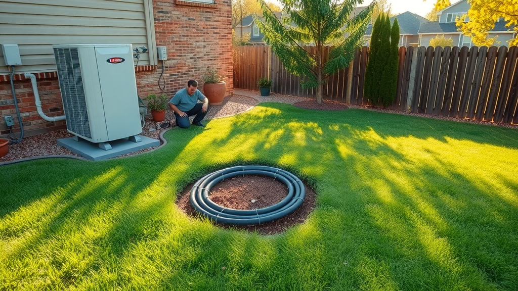 Eco-friendly geothermal heat pump system being installed in Chesterfield garden
