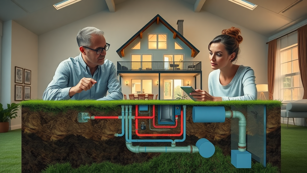 Geothermal heating system setup cross-section with underground pipes and eco-friendly home above