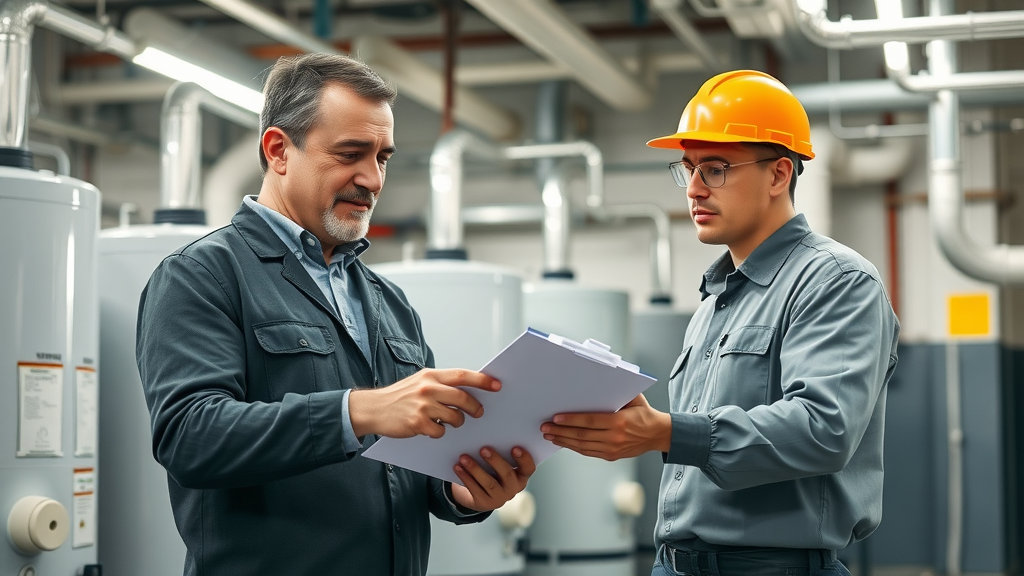 Business manager reviewing commercial water heater maintenance schedule in Chesterfield