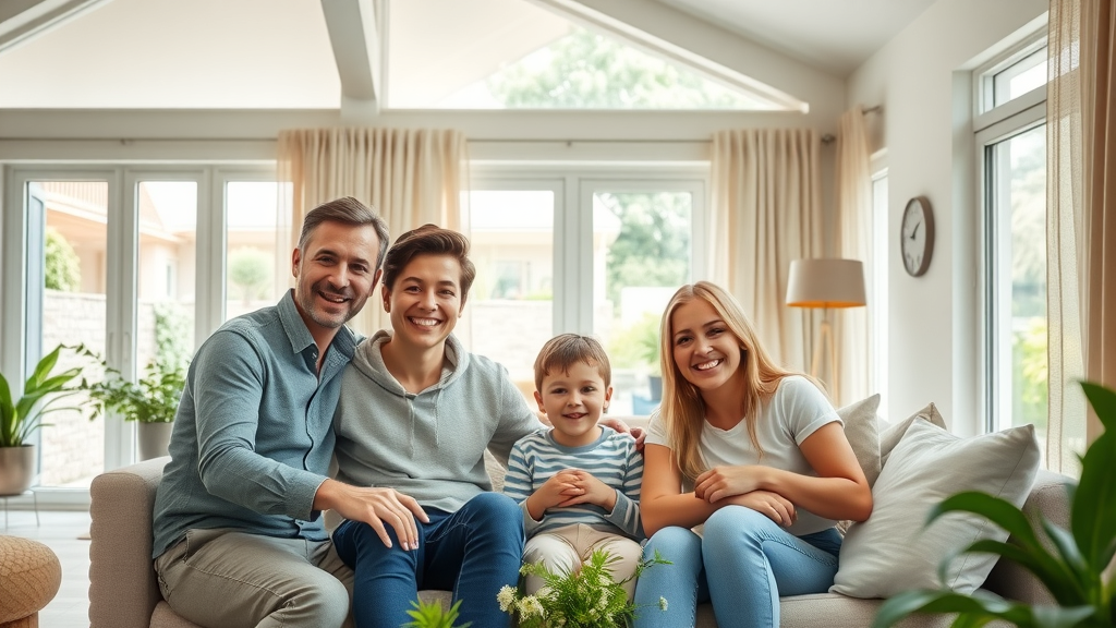 Eco-friendly family home showcasing renewable energy heating and space heating comfort—bright garden, energy-efficient windows, and comfortable open-plan living