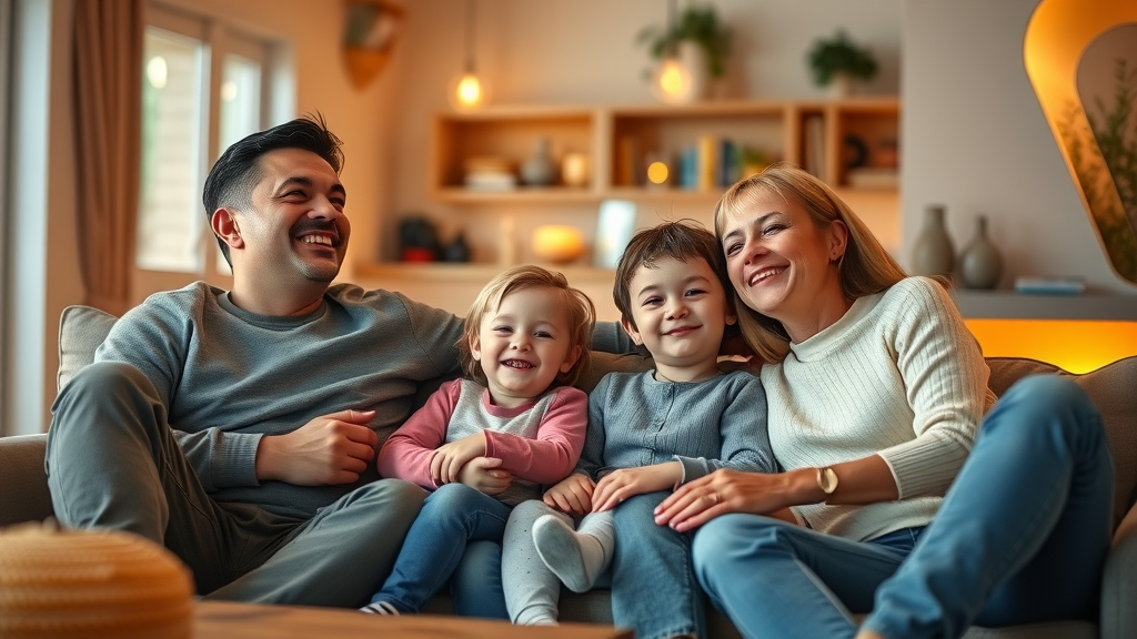 energy-efficient heating happy family warm living room
