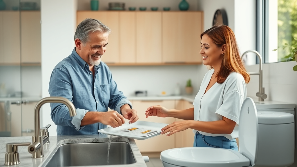 modern kitchen and bathroom scenes with homeowners examining water-saving plumbing fixtures, efficient chrome faucets, toilets, and running water - water-saving plumbing fixtures in a stylish home