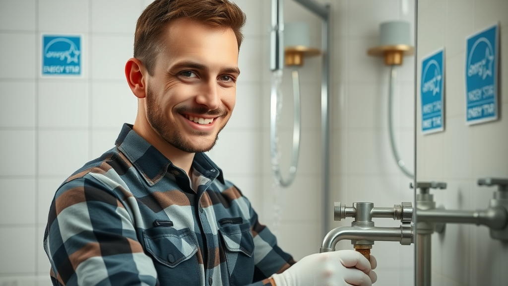 plumber inspects energy star certified plumbing fixtures in eco-friendly bathroom, energy efficiency labeling visible