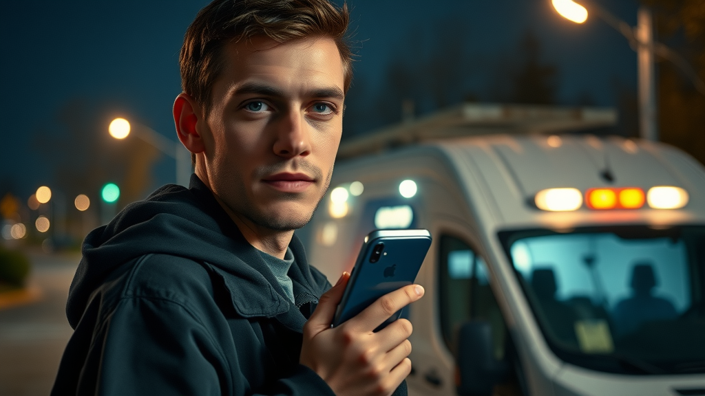 A young plumbing and heating Chesterfield technician responds swiftly to an emergency call at night, beside a van with visible Gas Safe registration, demonstrating reliability.