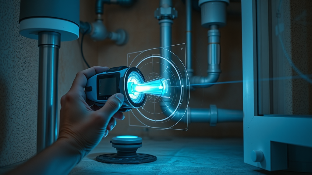 futuristic leak detection chesterfield device scanning under floorboards, technician operating, glowing blue scan overlay, cutaway of pipes and digital scan, highly detailed