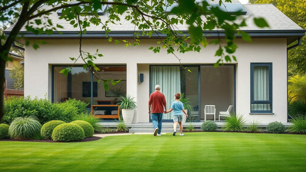 modern eco-friendly home exterior with green heating solutions, solar panels, family outdoors, green heating solutions