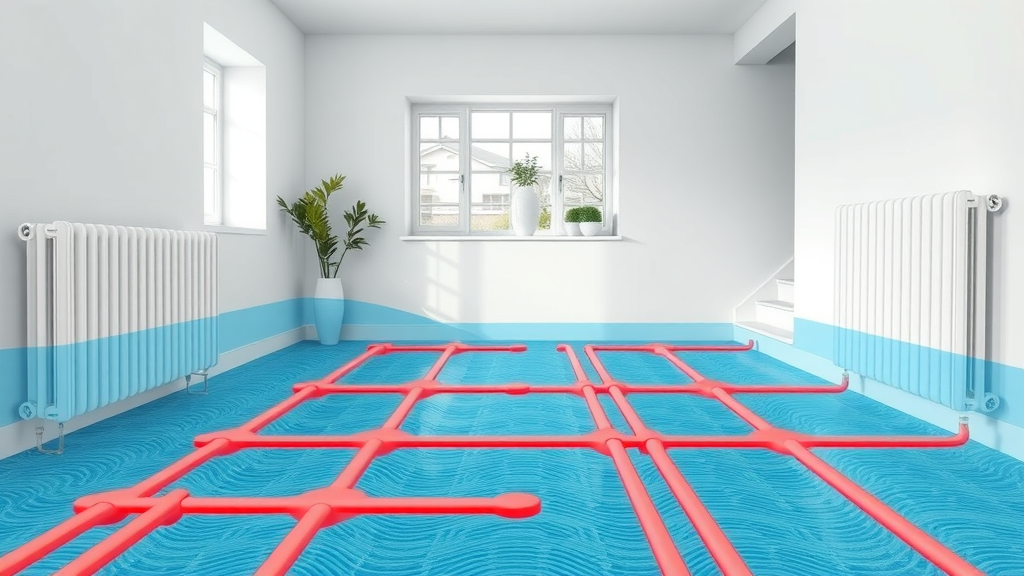 Technical cross-section illustration comparing water underfloor heating system and traditional radiators with detailed pipes and heating patterns