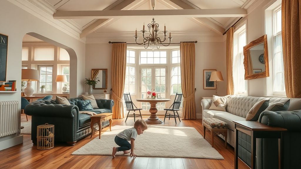 beautiful Chesterfield home interior with open-plan space, invisible underfloor heating, warm wooden floors, and child playing