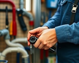 experienced plumber Chesterfield, focused, using a pipe cutter, photorealistic, lively workshop with various plumbing equipment, highly detailed, hand movements in action, crisp and clean, vibrant colors, natural daylight, shot with a 24mm wide-angle lens