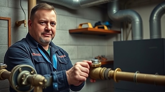 expert gas technician, confident expression, tightening gas pipes, photorealistic, residential basement with concrete walls and utility shelves, highly detailed, hum from a nearby furnace, f/3.2 aperture, ambient lighting, shot with a 24mm lens.