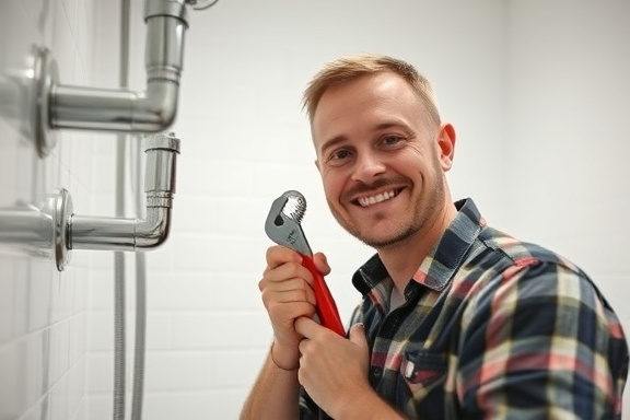 experienced plumber Chesterfield, smiling, tightening a pipe with a wrench, photorealistic, in a modern bathroom with white tiles, highly detailed, slight steam visible, high-definition clarity, neutral colors, bright overhead lighting, shot with a 35mm lens
