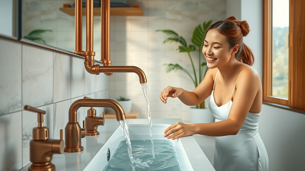 Modern eco-friendly residential bathroom featuring copper and bamboo pipes, stylish faucets, and natural wood accents for sustainable plumbing solutions
