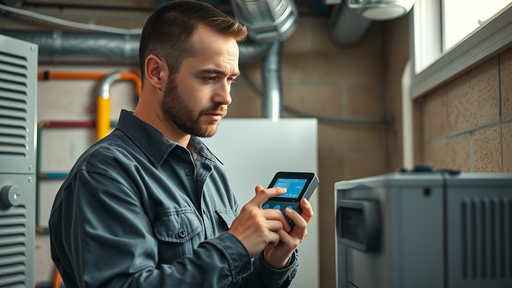 hvac system maintenance - technician inspecting hvac system with diagnostic tools in residential utility room