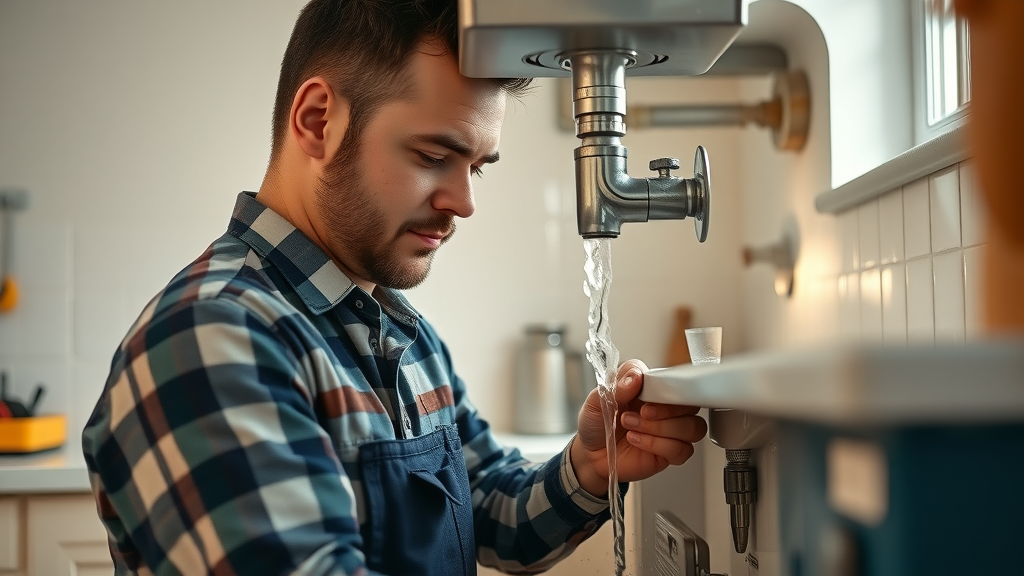 Diligent plumber repairing a leak under a kitchen sink in Chesterfield home