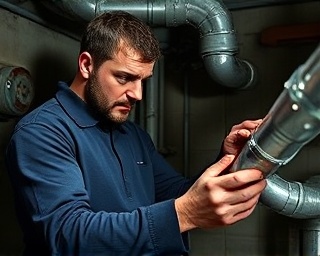 experienced plumber Chesterfield, determined, inspecting a broken pipe, photorealistic, basement environment with concrete walls and tools, highly detailed, shadows creating depth, intricate textures, industrial lighting, shot with an 85mm lens